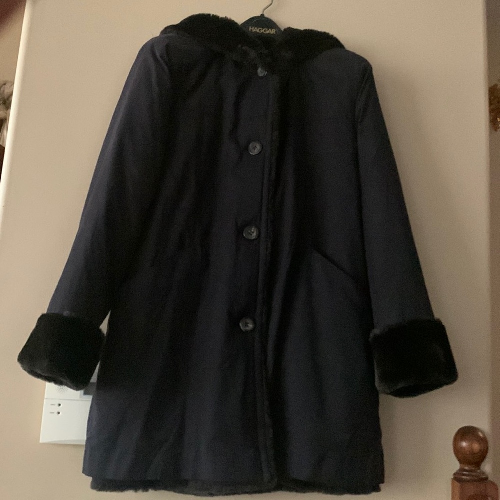 SALE!!!! JONES NEW YORK MEDIUM BLACK FAUX  FUR COAT REVERSIBLE WITH HOOD